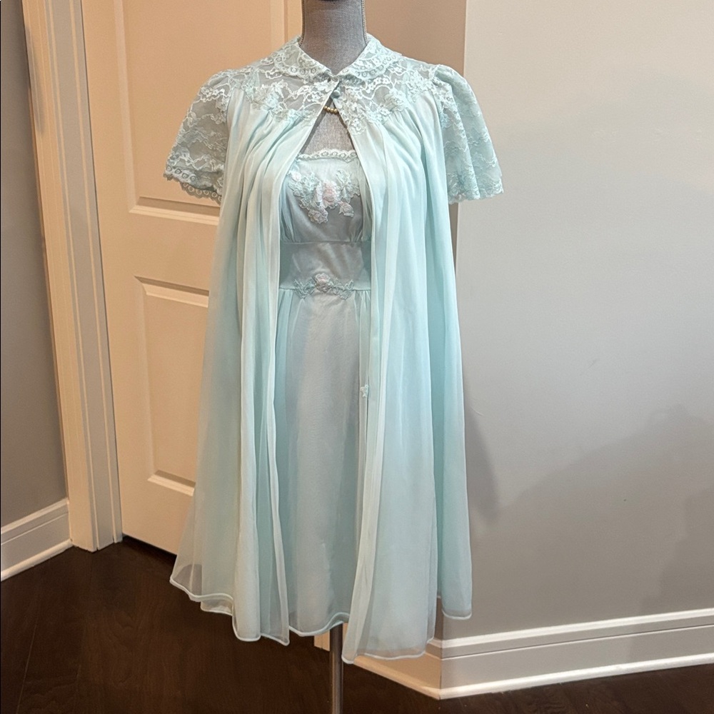 Vintage 40s/50s Artemis Nightgown Robe Peignoir Set Chiffon Lace Lingerie SZ 32